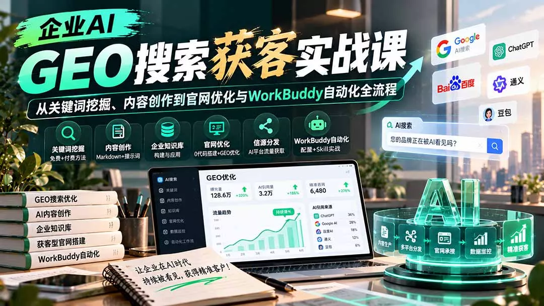 企业AI GEO搜索获客实战课：从关键词挖掘、内容创作到官网优化与WorkBuddy自动化全流程-2爱1学习资源网-伴学无忧