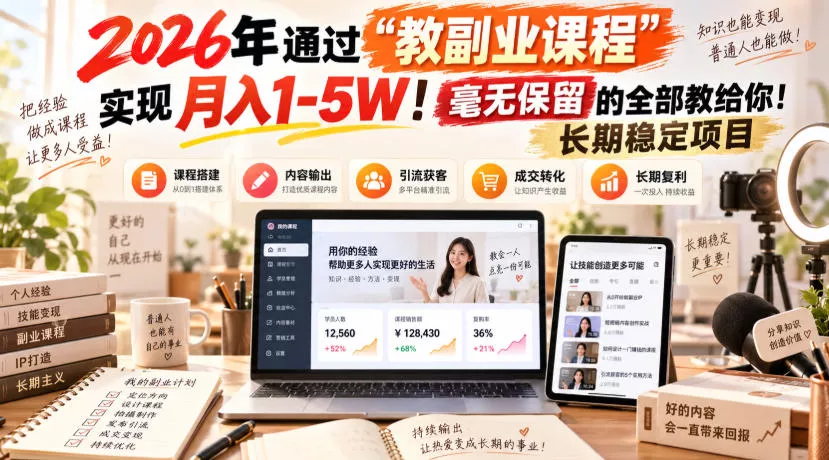 2026年通过“教副业课程”实现月入1-5W!毫无保留的全部教给你!长期稳定项目 2026年通过“教副业课程”实现月入1-5W!毫无保留的全部教给你!长期稳定项目
