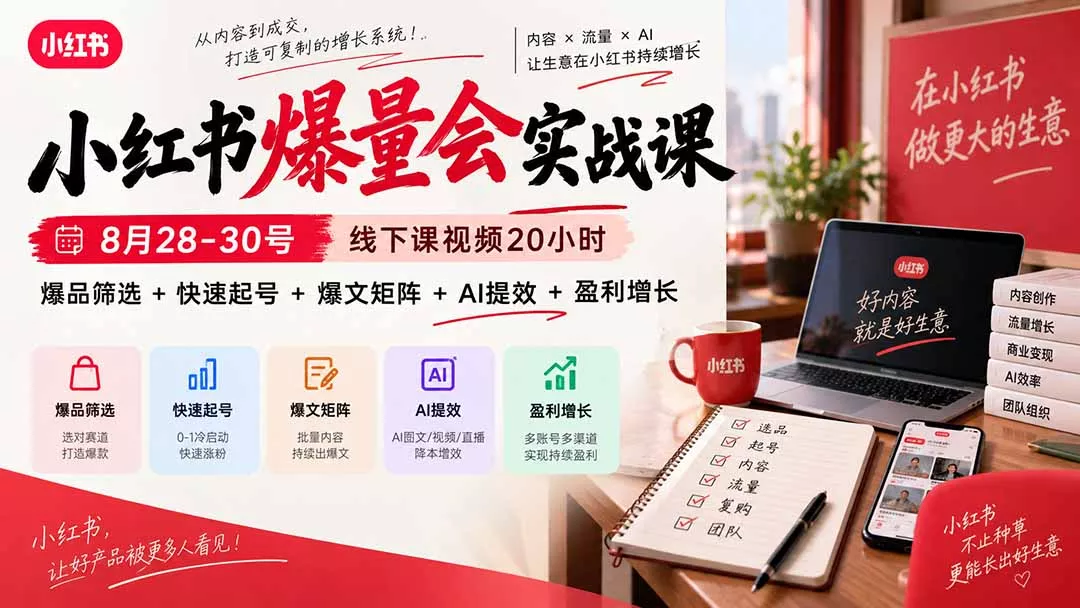 小红书爆量会实战课：8月28-30号线下课视频20小时，爆品筛选+快速起号+爆文矩阵+AI提效+盈利增长-2爱1学习资源网-伴学无忧