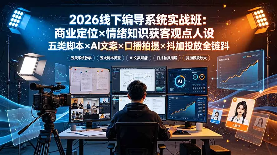 2026线下编导系统实战班:商业定位×情绪知识获客观点人设五类脚本×AI文案×口播拍摄×抖加投放全链路-2爱1学习资源网-伴学无忧