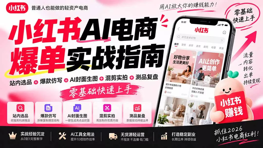 2026小红书AI电商爆单实战指南：站内选品+爆款仿写+AI封面生图+混剪实拍+测品复盘，零基础快速上手