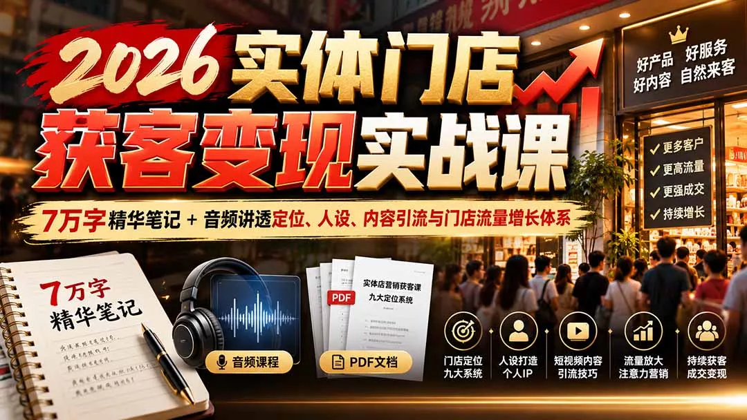 2026实体门店获客变现实战课：7万字精华笔记+音频讲透定位、人设、内容引流与门店流量增长体系-2爱1学习资源网-伴学无忧