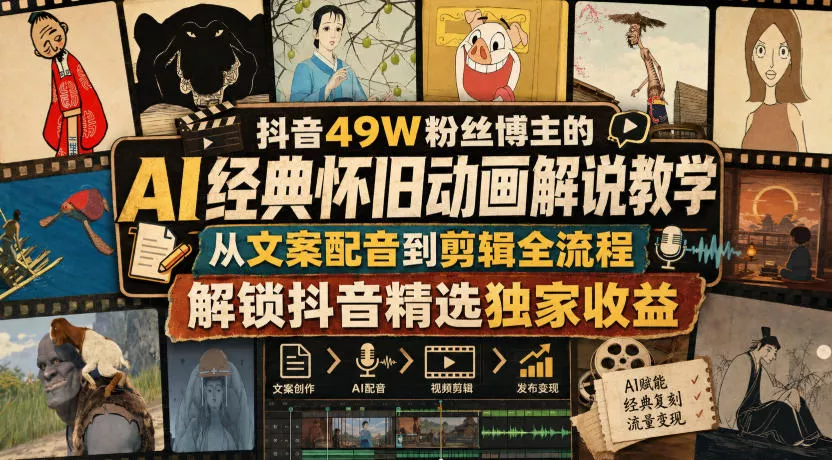 抖音49W粉丝博主的AI经典怀旧动画解说教学，从文案配音到剪辑全流程，解锁抖音精选独家收益-2爱1学习资源网-伴学无忧