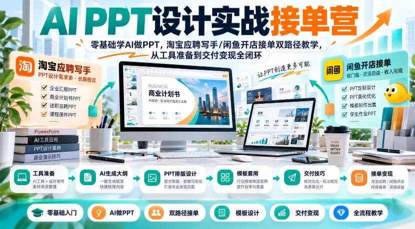 AI PPT设计实战接单营｜零基础学AI做PPT，淘宝应聘写手/闲鱼开店接单双路径教学，从工具准备到交付变现全闭环-2爱1学习资源网-伴学无忧