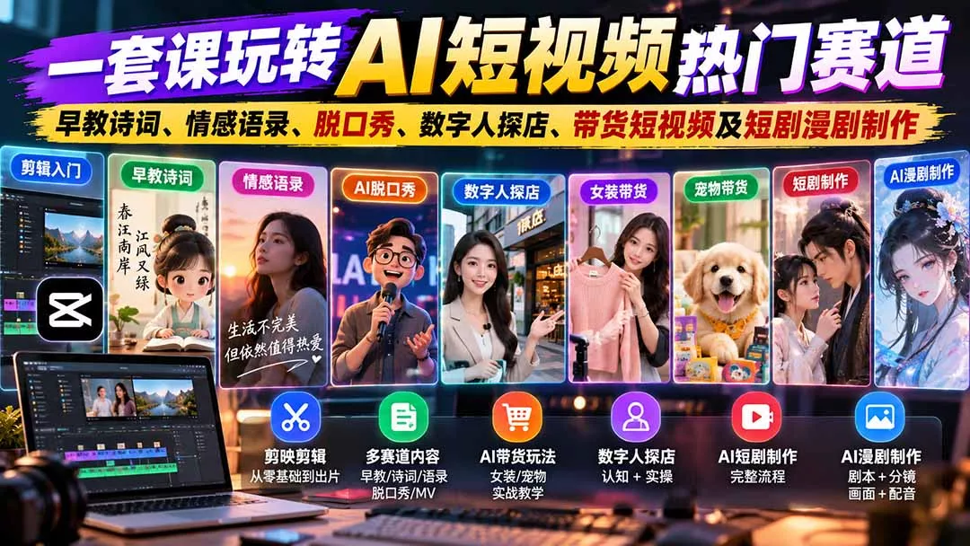 一套课玩转AI短视频热门赛道：早教诗词、情感语录、脱口秀、数字人探店、带货短视频及短剧漫剧制作 复制标题-2爱1学习资源网-伴学无忧