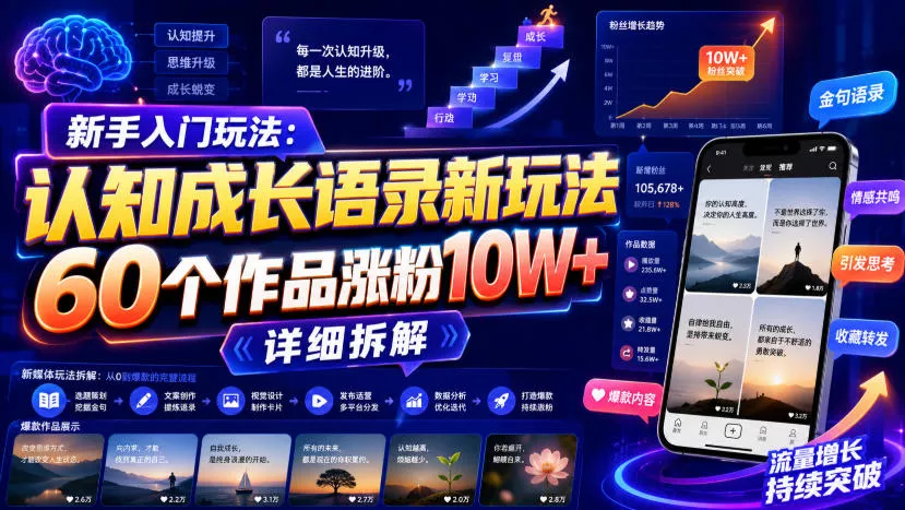 新手入门玩法：认知成长语录新玩法，60个作品涨粉10W+，详细拆解-2爱1学习资源网-伴学无忧