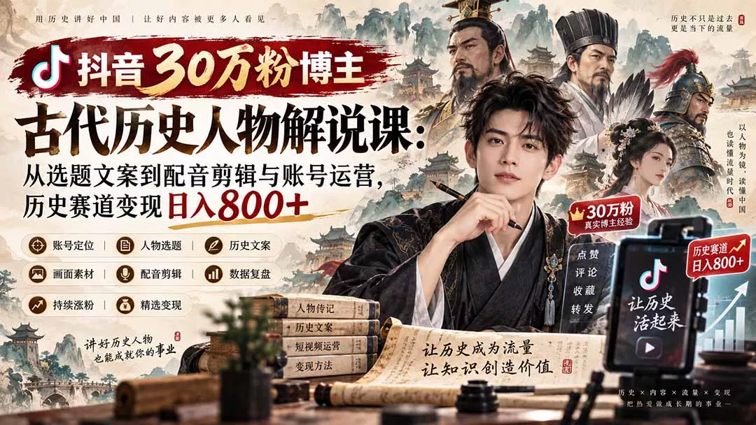 抖音30万粉博主古代历史人物解说课：从选题文案到配音剪辑与账号运营，历史赛道变现日入800+-2爱1学习资源网-伴学无忧