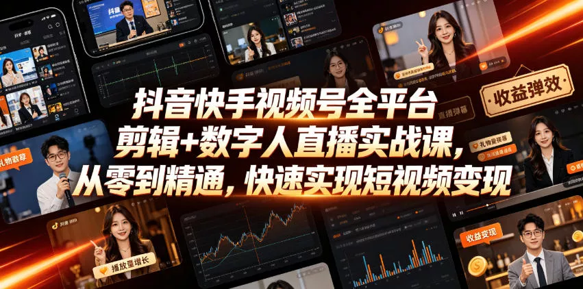 抖音快手视频号全平台剪辑+数字人直播实战课,从零到精通,快速实现短视频变现(更新2026年10月)-2爱1学习资源网-伴学无忧