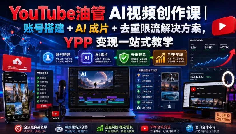 YouTube油管AI视频创作课｜账号搭建+AI成片+去重限流解决方案，YPP变现一站式教学(更新0817)-2爱1学习资源网-伴学无忧