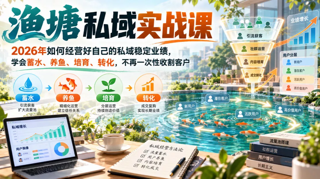 渔塘私域实战课，2026年如何经营好自己的私域稳定业绩，学会蓄水、养鱼、培育、转化，不再一次性收割客户-2爱1学习资源网-伴学无忧