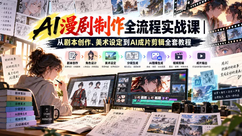 AI漫剧制作全流程实战课｜从剧本创作、美术设定到AI成片剪辑全套教程-2爱1学习资源网-伴学无忧