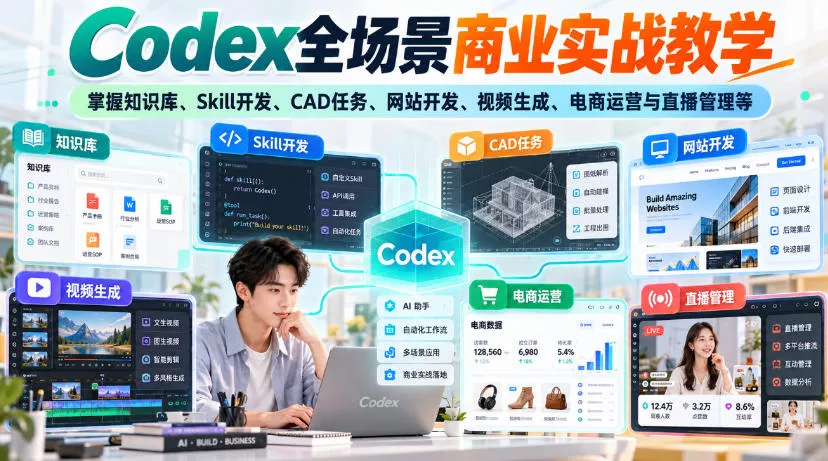 Codex全场景商业实战教学,掌握知识库、Skill开发、CAD任务、网站开发、视频生成、电商运营与直播管理等(更新1010)-2爱1学习资源网-伴学无忧