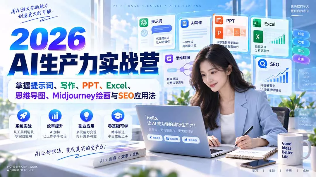 2026AI生产力实战营：掌握提示词、写作、PPT、Excel、思维导图、Midjourney绘画与SEO应用法-2爱1学习资源网-伴学无忧
