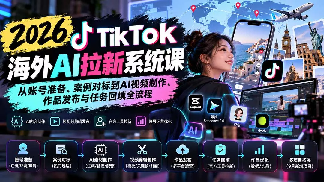 【无水印】2026 TikTok海外AI拉新系统课：从账号准备、案例对标到AI视频制作、作品发布与任务回填全流程-2爱1学习资源网-伴学无忧