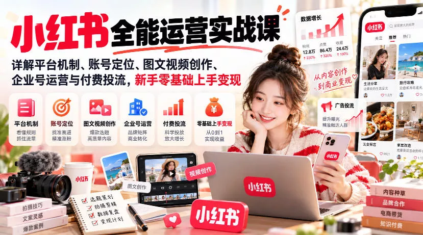 小红书全能运营实战课，详解平台机制、账号定位、图文视频创作、企业号运营与付费投流，新手零基础上手变现-2爱1学习资源网-伴学无忧