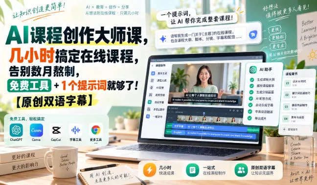 AI课程创作大师课，几小时搞定在线课程，告别数月熬制，免费工具+1个提示词就够了！【原创双语字幕】-2爱1学习资源网-伴学无忧