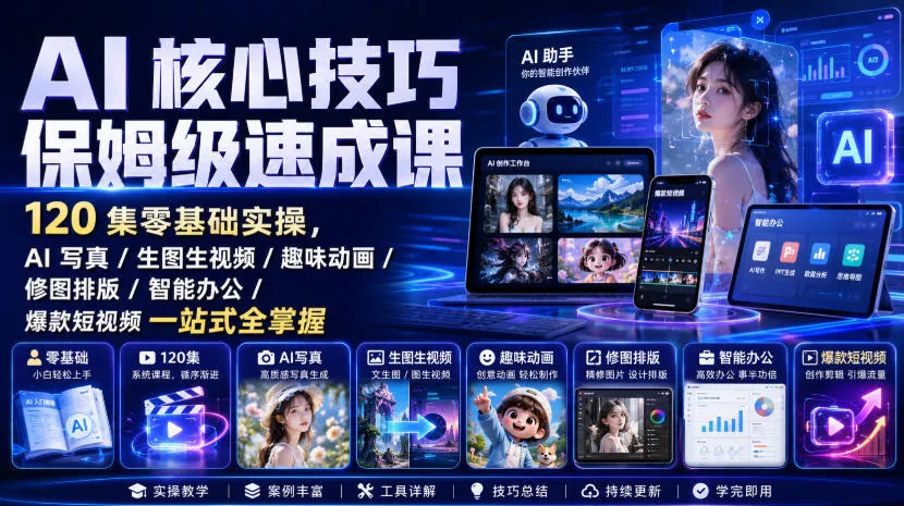 AI核心技巧保姆级速成课｜120集零基础实操，AI写真/生图生视频/趣味动画/修图排版/智能办公/爆款短视频一站式全掌握-2爱1学习资源网-伴学无忧