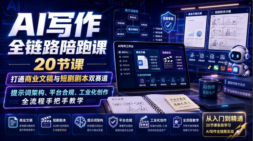 AI写作全链路陪跑课｜20节课打通商业文稿与短剧剧本双赛道，提示词架构、平台合规、工业化创作全流程手把手教学-2爱1学习资源网-伴学无忧