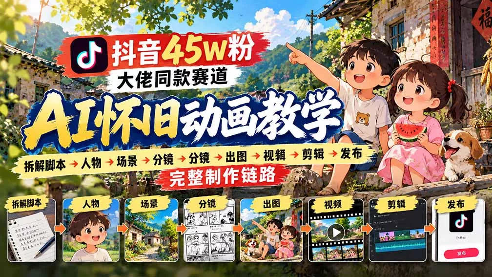 抖音45W粉大佬同款赛道AI怀旧动画教学：拆解脚本→人物→场景→分镜→出图→视频→剪辑→发布完整制作链路-2爱1学习资源网-伴学无忧