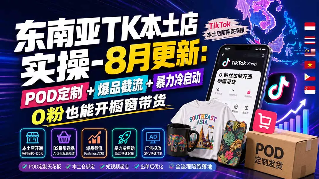 东南亚TK本土店实操-8月更新：POD定制+爆品截流+暴力冷启动，0粉也能开橱窗带货-2爱1学习资源网-伴学无忧