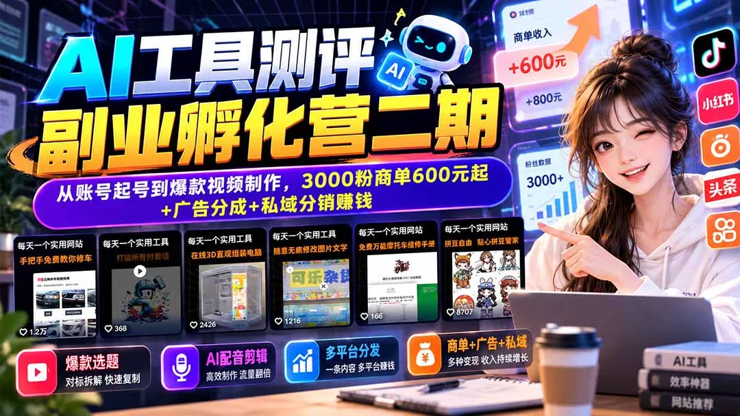 AI工具测评副业孵化营二期:从账号起号到爆款视频制作,3000粉商单600元起+广告分成+私域分销赚钱 AI工具测评副业孵化营二期:从账号起号到爆款视频制作,3000粉商单600元起+广告分成+私域分销赚钱