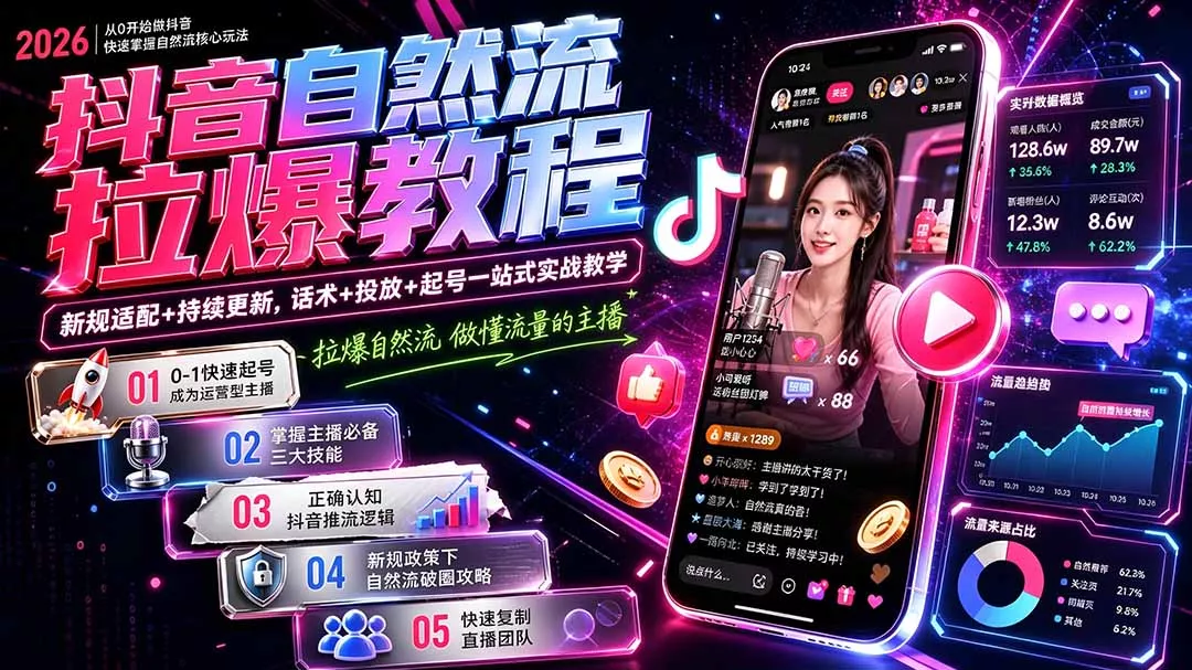 抖音自然流拉爆教程-更新9月：做懂流量的主播，新规适配+持续更新，话术+投放+起号一站式实战教学-2爱1学习资源网-伴学无忧