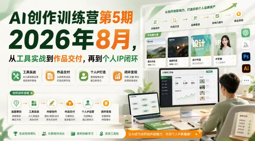 AI创作训练营第5期2026年8月,从工具实战到作品交付,再到个人IP闭环(更新0904) AI创作训练营第5期2026年8月,从工具实战到作品交付,再到个人IP闭环(更新0904)