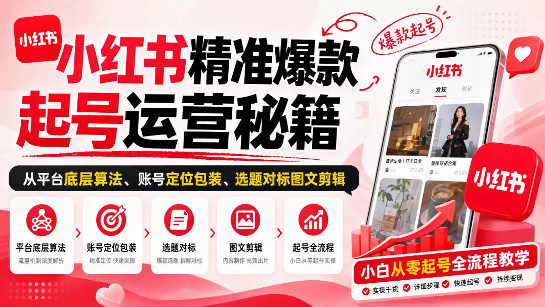 小红书精准爆款起号运营秘籍，从平台底层算法、账号定位包装、选题对标图文剪辑，小白从零起号全流程-2爱1学习资源网-伴学无忧
