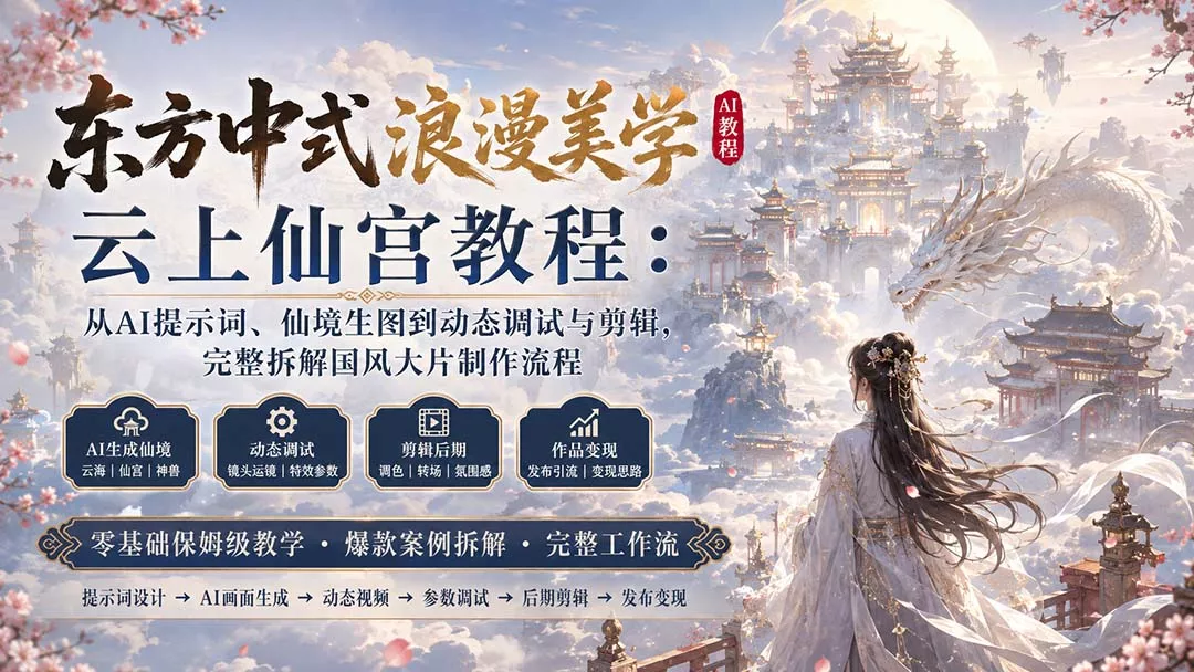 东方中式浪漫美学云上仙宫教程：从AI提示词、仙境生图到动态调试与剪辑，完整拆解国风大片制作流程-2爱1学习资源网-伴学无忧