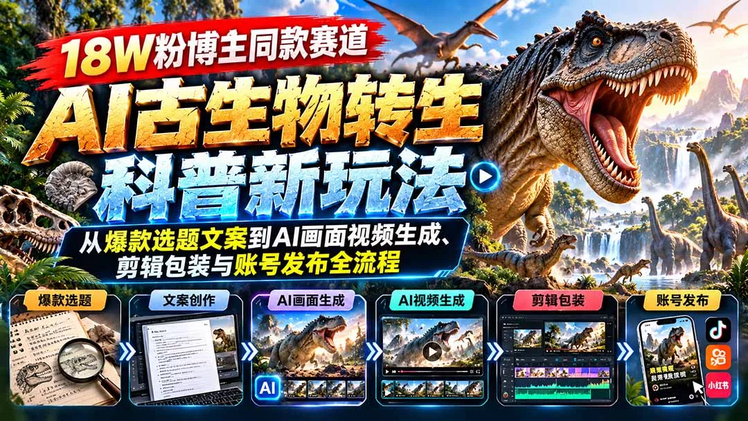 18W粉博主同款赛道-AI古生物转生科普新玩法：从爆款选题文案到AI画面视频生成、剪辑包装与账号发布全流程-2爱1学习资源网-伴学无忧