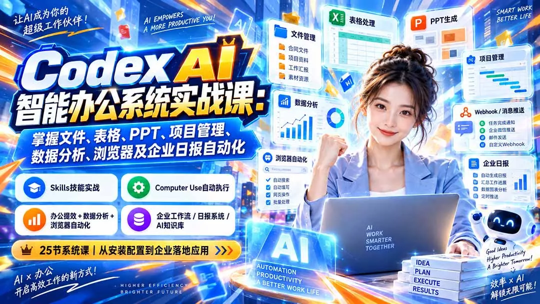 Codex AI智能办公系统实战课：掌握文件、表格、PPT、项目管理、数据分析、浏览器及企业日报自动化-2爱1学习资源网-伴学无忧